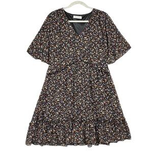 Manydress Floral Ruffle Dress Womens Size XL V Neck Sheer Sleeve